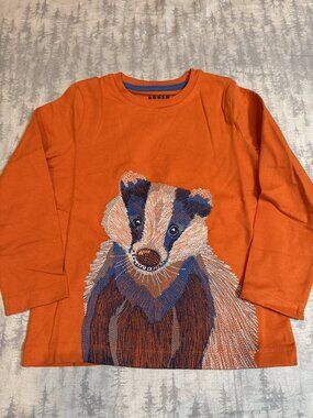 NWOT Mini Boden Orange Embroidered Badger Long Sleeve Tee 5-6Y
